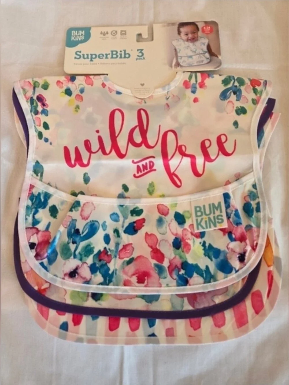 Bumkins SuperBib (2) 3-Pack - Gray Arrow & Floral Multicolor with Pink Accent